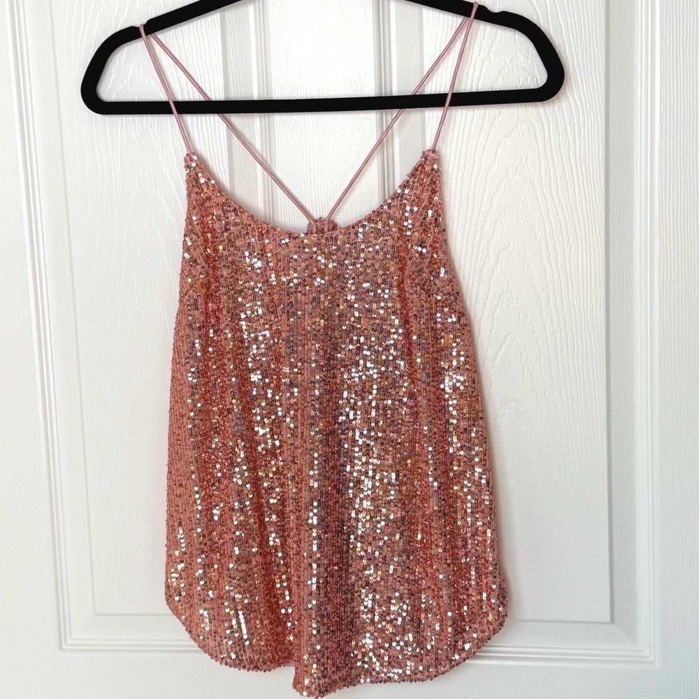Victoria's Secret Rose Gold Sequin Cami Double Strap Criss Cross Back Top L